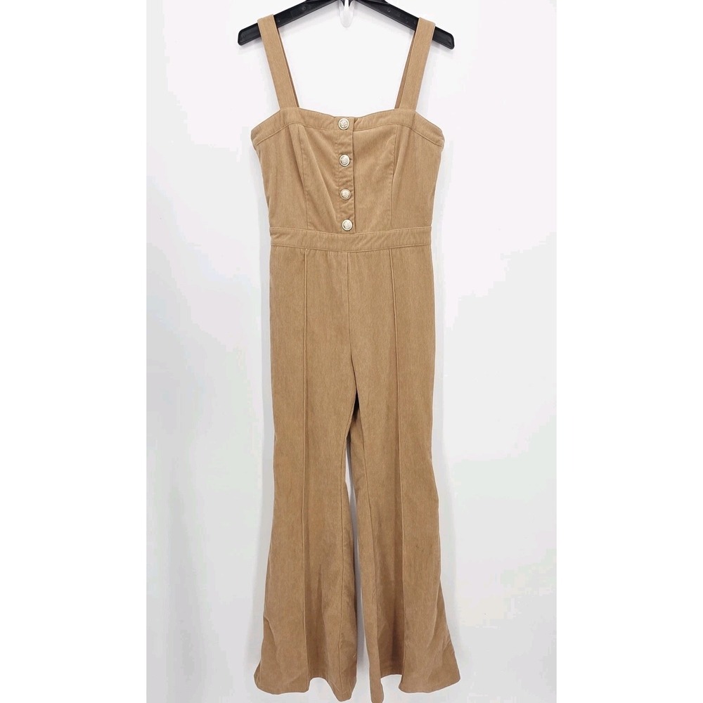 Jealous Tomato Women's Jumpsuit Tan Corduroy Size Medium Flare Legged Buttons
